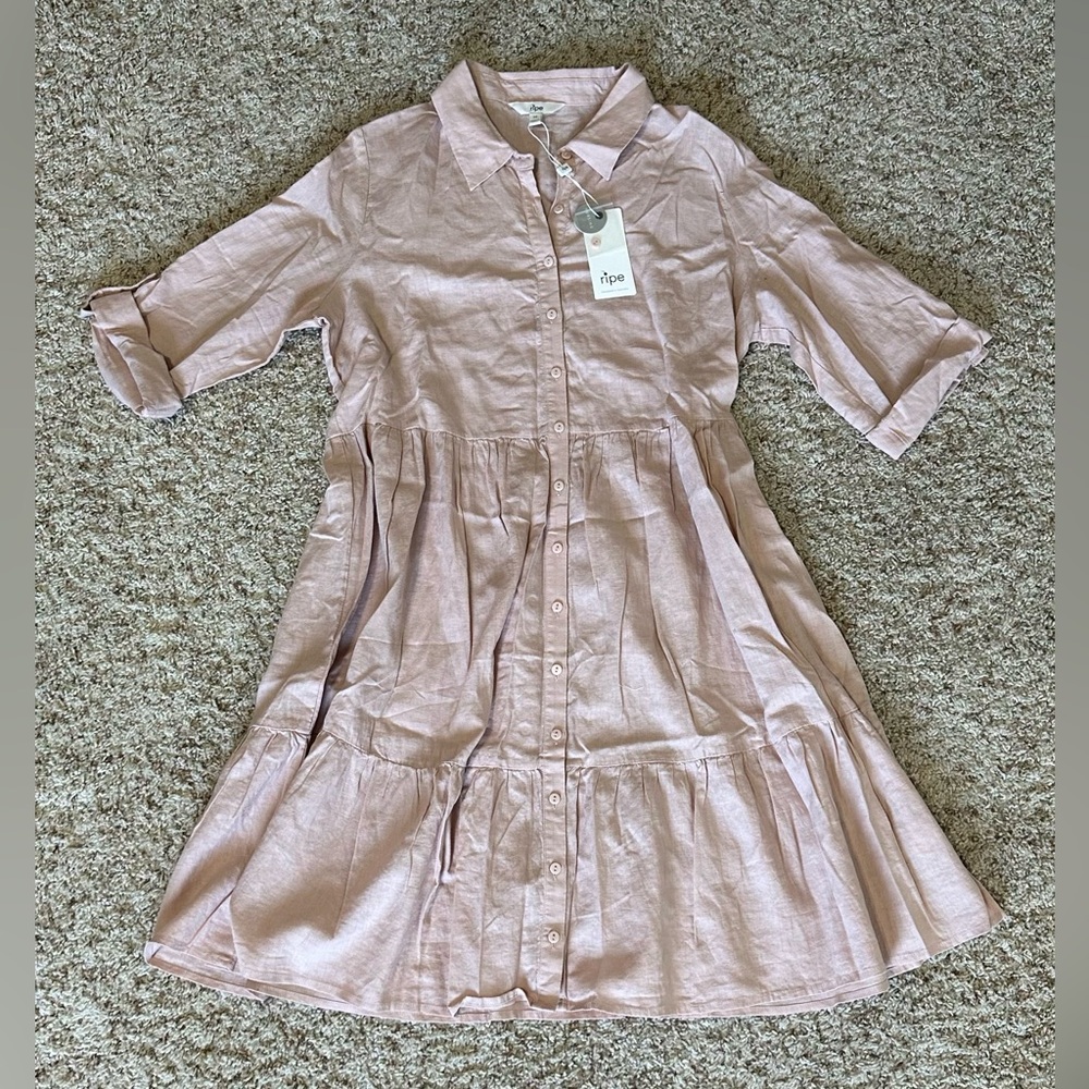 Ripe Maternity Women’s Adel Linen Blend Soft Pink Flowy Shirt Dress. Size M. NWT - Picture 7 of 12